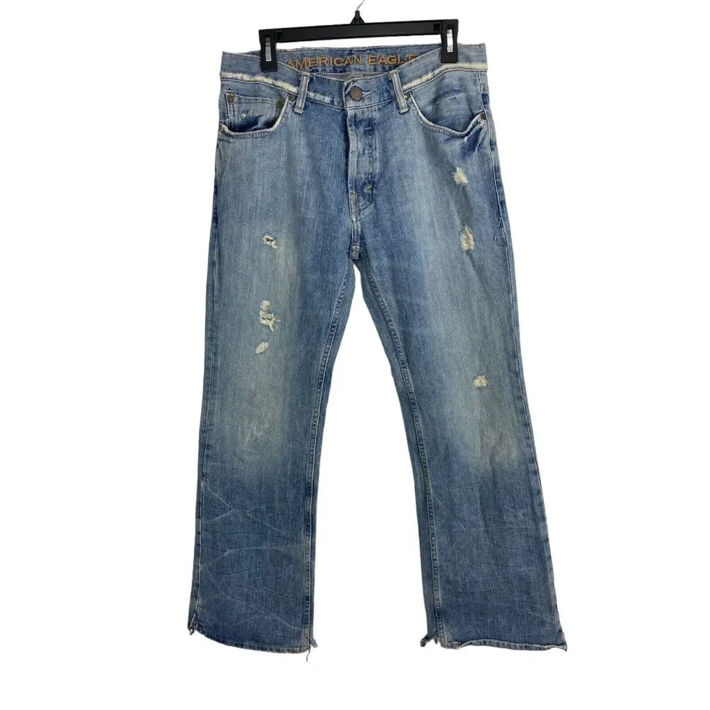 American Eagle Mens Jeans Size 31x30 Button Fly Destressed Holes Cut Hem - Picture 3 of 11